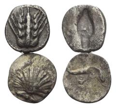Greek Griechische Münzen - Lots. Kalabrien / Lukanien. Tarent / Metapont. Lot (2 Stück): 1 Obol, 1 Hemiobol, 6. - 5. Jhdt. v. Chr. Vs: Muscheln / Getreideähre. Rs: Delphin über Dreifuß nach rechts sch