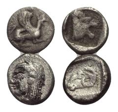 Greek Griechische Münzen - Lots. Troas. Assos / Kebren. Lot (2 Stück): 1 Tetartemorion / 1 Obol, 5. Jhdt. v. Chr. Vs: Greif nach rechts / Archaischer, weiblicher Kopf links. Rs: Löwenkopf rechts in ve