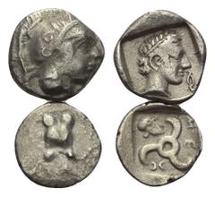 Greek Griechische Münzen - Lots. Dynasten von Lykien. Vekhssere I. (ca. 450 - 420 v. Chr.) / Mithrapata (ca. 390 - 370 v. Chr.). Lot (2 Stück): 1/6 Stater / 1 Obol. Vs: Kopf der Athena mit Helm rechts