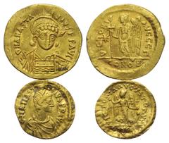 Byzantine Byzantinische Münzen - Lots. Anastasius I. (491 - 518 n. Chr.). Lot (2 Stück): 1 Solidus, 1 Tremissis; Constantinopolis. Vs: Drapierte Büste mit Helm, Panzer und geschulterter Lanze en face 