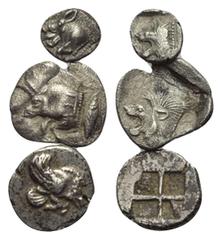 Griechische Münzen - Lots. Mysien / Ionien. Kyzikos / Klazomenai. Lot (3 Stück): 1 Hemiobol, 1 Obole, 1 Diobol. Vs: Eberprotome neben Thunfisch links bzw. mit Flügeln rechts. Rs: Löwenkopf links / Inc