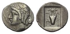 Greek Lykien. Lykischer Bund. Hemidrachme. Ca. 27 - 18 v. Chr. Masykitos. Vs: Kopf des Apollon mit Lorbeerkranz links. Rs: Kithara; im Feld links Dreizack (?), rechts geflügeltes Kerykeion, das Ganze 