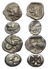 Greek Griechische Münzen - Lots. Mysien / Ionien. Kyzikos / Klazomenai / Milet. Lot (4 Stück): 1 Diobol, 2 Obol, 1 Hemiobol. 5. - 3. Jhdt. v. Chr. Vs: Eberprotome links / Geflügelte Eberprotome rechts