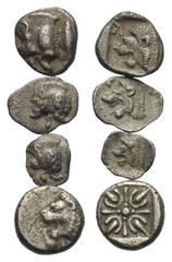 Greek Griechische Münzen - Lots. Mysien / Ionien. Kyzikos / Milet. Lot (4 Stück): 1 Diobol, 2 Obole, 1 Hemiobol. 5. - 4. Jhdt. v. Chr. Vs: Eberprotome links / Löwenprotome rechts, Kopf zurückgewendet.