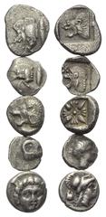 Greek Griechische Münzen - Lots. Mysien / Ionien / Karien / Pisidien. Kyzikos / Milet / Halikarnassos (?) / Selge. Lot (5 Stück): 2 Diobole, 2 Obole, 1 Hemiobol. 5. - 3. Jhdt. v. Chr. Vs: Eberprotome 