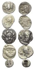 Greek Griechische Münzen - Lots. Mysien / Pisidien / Achaimenidisches Königreich Persien. Kyzikos / Selge / Dareios I. (510 - 486 v. Chr.). Lot (5 Stück): 2 Obole, 2 Hemiobole, 1 Tetartemorion. 5. - 3