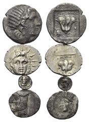 Greek Griechische Münzen - Lots. Inseln vor Karien / Kilikien. Rhodos / Tarsos / Unbestimmte Münzstätte. Lot (4 Stück): 1 Drachme, 1 Hemidrachme, 1 Tetartemorion, 1 Obol. 4. - 1. Jhdt. v. Chr. Vs: Hel