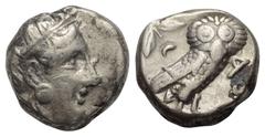 Greek Attika. Athen. Tetradrachme (Silber). Ca. 353 - 294 v. Chr. Vs: Kopf der Athena mit ölzweiggeschmücktem, attischem Helm, Ohranhänger und Halskette rechts. Rs: Eule nach rechts stehend, Kopf en f