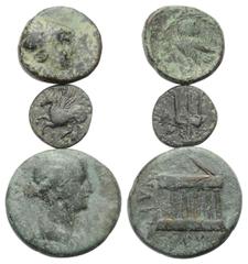 Greek Griechische Münzen - Lots. Attika / Korinthia. Athen / Korinth / Korinth - Livia (gest. 29 n. Chr.). Lot (3 Stück): 3 Bronzen. 4. Jhdt. v. Chr. Vs: Athenakopf rechts / Pegasos nach links fliegen