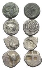 Greek Griechische Münzen - Lots. Mysien / Troas / Aiolis. Pitane / Dardanos / Lamponeia / Elaia. Lot (4 Stück): 1 Bronze, 1 Tetartemorion (Silber), 2 Hemiobole (Silber). 6. - 4. Jhdt. v. Chr. Vs: Kopf