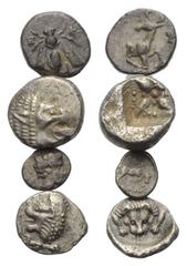 Greek Griechische Münzen - Lots. Ionien / Satrapen von Karien. Ephesos / Milet / Magnesia am Mäander / Hekatomnos (392 - 376 v. Chr.). Lot (4 Stück, Silber): 1 Trihemiobol, 1, Diobol, 1 Tetartemorion,