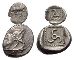 Greek Griechische Münzen - Lots. Dynasten von Lykien. Kuprilli (ca. 470 - 440 v. Chr.) / Unbestimmter Dynast ( ca. 480 - 430 v. Chr.). Lot (2 Stück, Silber): 1 Hemiobol, 1/3 Stater, 5. Jhdt. v. Chr. V