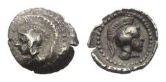 Greek Lykien. Xanthos (?). Hemiobol (Silber). Ca. 400 - 380 v. Chr. Vs: Kopf der Athena mit attischem Helm links. Rs: Kopf der Athena mit attischem Helm rechts in Perlkreis; das Ganze in rundem Incusu