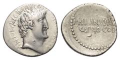 Roman Imperatorial Marcus Antonius. Denar (Silber). 32 v. Chr. Athen. Vs: ANTON AVG IMP III COS DES III III V R P C. Kopf des Marcus Antonius rechts; hinter dem Ohr Künstlersignatur P. Rs: M SILANVS A