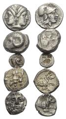 Greek Griechische Münzen - Lots. Mysien / Troas / Lykaonien. Lampsakos / Kebren / Laranda. Lot (5 Stück, Silber): 3 Diobole, 1 Obol, 1 Tetartemorion. 4. - 3. Jhdt. v. Chr. Vs: Doppelkopf / Widderkopf 