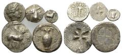 Lots - Antike Griechische Münzen - Lots. Makedonien. Chalkidischer Bund / Mende / Terone. Lot (5 Stück, Silber): 2 Tetrobole, 1 Diobol, 1 Hemiobol, 1 Tetartemorion. 6. - 4. Jhdt. v. Chr. Vs: Apollonko