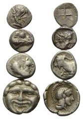 Lots - Antike Griechische Münzen - Lots. Ionien / Karien / Pisidien / Kilikien. Teos / Halikarnassos / Selge / Kelenderis. Lot (4 Stück, Silber): 1 Tetartemorion, 2 Obole 1 Hemiobol, 5. - 4. Jhdt. v. 