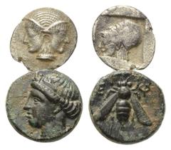 Lots - Ancient Coins Griechische Münzen - Lots. Mysien / Ionien. Lampsakos / Ephesos. Lot (2 Stück, Silber): 1 Obol, 1 Bronze, ca. 5. - 4. Jhdt. v. Chr. Vs: Doppelkopf / Artemiskopf links. Rs: Athenak