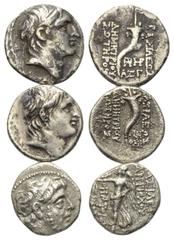 Lots - Ancient Coins Griechische Münzen - Lots. Seleukidisches Königreich. Demetrios I. (162 - 150 v. Chr.) / Antiochos IX. (114 - 95 v. Chr.). Lot (3 Stück, Silber): 3 Drachmen. Vs: Kopf des Demetrio