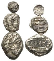 Lots - Ancient Coins Griechische Münzen - Lots. Phönikien. Arados. Lot (3 Stück, Silber): 1 Stater, 1 Tetrobol, 1 Obol, 4. Jhdt. v. Chr. Vs: Bärtiger Kopf rechts. Rs: Galeere. Fast sehr schön - sehr s