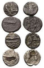 Lots - Ancient Coins Griechische Münzen - Lots. Phönikien. Sidon. Lot (4 Stück, Silber): 4 1/16 Shekel, 4. Jhdt. v. Chr. Vs: Stadtbefestigung / Galeere. Rs: König nach rechts stehend / König gegen Löw