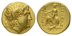 Greek Königreich Thrakien. Lysimachos (306 - 281 v. Chr.). Stater (Gold). Ca. 205 - 195 v. Chr. Kalchedon. Vs: Kopf des vergöttlichten Alexander des Großen mit Diadem und Ammonshorn rechts. Rs: Athena