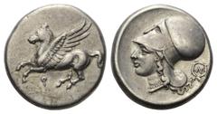 Greek Korinthia. Korinth. Stater (Silber). Ca. 345 - 307 v. Chr. Vs: Pegasos nach links fliegend, darunter Koppa. Rs: Kopf der Athena korinthischem Helm links; im Feld rechts N in Ährenkranz. 21 mm. 8