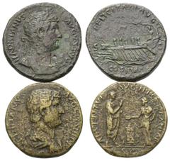 Lots - Ancient Coins Römische Münzen - Lots. Hadrianus (117 - 138 n. Chr.) Lot (2 Stück): 2 Sesterze. Rom. Vs: Büste rechts. Rs: Galeere mit fünf Ruderern und Steuermann n. l. fahrend / Hadrian und üb