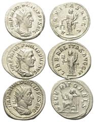 Lots - Ancient Coins Römische Münzen - Lots. Philippus I. Arabs (244 - 249 n. Chr.) Lot (3 Stück): 3 Antoniniane (Silber). Rom. Vs: Büste rechts. Rs: Aequitas n. l. stehend / Liberalitas n. l. stehend