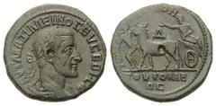 Roman Provincial Moesia Inferior. Tomis. Maximinus I. Thrax (235 - 238 n. Chr.). Bronze. Vs: Büste des Maximinus mit Lorbeerkranz, Paludament und Panzer rechts. Rs: Mann auf einem zweirädrigen Waagen 