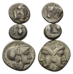 Greek Coins - Lots Griechische Münzen - Lots. Kleinasien / Mysien / Ionien. Ungesichert / Lampsakos / Ephesos. Lot (3 Stück, Silber): 1 Hemiobol, 1/24 Stater. 6. - 3. Jhdt. v. Chr. Vs: Ziegenvordertei