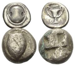Greek Coins - Lots Griechische Münzen - Lots. Boiotien / Inseln vor Attika. Boiotischer Bund / Aigina. Lot (2 Stück, Silber): 1 Hemidrachme, 1 Stater. 6. - 4. Jhdt. v. Chr. Vs: Boiotischer Schild / Sc