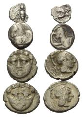 Greek Coins - Lots Griechische Münzen - Lots. Ionien / Karien / Pisidien. Ephesos / Halikarnassos / Selge. Lot (4 Stück, Silber): 1 Tetartemorion, 1 Hemiobol, 2 Obole. 5. - 4. Jhdt. v. Chr. Vs: Biene 