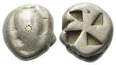 Greek Inseln vor Attika. Aigina. Stater (Silber). Ca. 550 - 525 v. Chr. Vs: Seeschildkröte. Rs: Windmühlenförmiges Quadratum incusum. 18 mm. 11,57 g. HGC 6, 427. Feine Kratzer, Punzen, sehr schön.