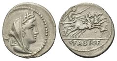 Roman Republican C. Fabius Hadrianus. Denar (Silber). 102 v. Chr. Rom. Vs: Drapierte und verschleierte Büste der Cybele mit Mauerkrone rechts; im Feld links M. Rs: C FABI C F. Victoria in Biga nach re