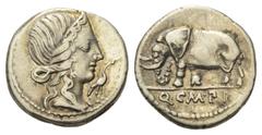 Roman Republican Q. Caecilius Metellus Pius. Denar (Silber). 81 v. Chr. Münzstätte in Norditalien. Vs: Kopf der Pietas mit Diadem rechts, davor Storch rechts. Rs: Q C M P I. Elefant nach links stehend