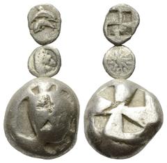Greek Coins - Lots Griechische Münzen - Lots. Inseln vor Thrakien / Thrako-makedonische Prägungen / Inseln vor Attika. Thasos / Ungesicherte Münzstätte / Aigina. Lot (3 Stück, Silber): 2 Hemiobole, 1 