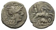 Roman Republican L. Caecilius Metellus Diadematus. Denar (Silber). 128 v. Chr. Rom. Vs: Kopf der Roma mit geflügeltem Greifenkopfhelm rechts, dahinter Wertzeichen. Rs: Rs: RO - MA. Pax mit Zweig und S