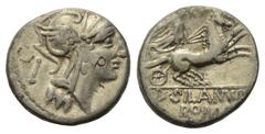 Roman Republican D. Iunius Silanus. Denar (Silber). 91 v. Chr. Rom. Vs: Kopf der Roma mit geflügeltem Helm rechts, dahinter Kontrollmarke. Rs: D SILANVS L F / ROMA. Victoria mit Zügeln in beiden Hände