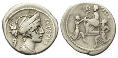 Roman Republican Faustus Cornelius Sulla. Denar (Silber). 56 v. Chr. Rom. Vs: FAVSTVS. Drapierte Büste der Luna mit Diadem und Mondsichel über dem Scheitel rechts, im Feld links Augurenstab. Rs: FELIX