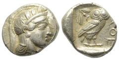 Greek Attika. Athen. Tetradrachme (Silber). Ca. 454 - 404 v. Chr. Vs: Kopf der Athena mit ölzweiggeschmücktem, attischem Helm, Ohranhänger und Halskette rechts. Rs: Eule nach rechts stehend, Kopf en f