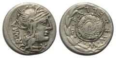 Roman Republican M. Caecilius Metellus. Denar (Silber). 127 v. Chr. Rom. Vs: ROMA. Kopf der Roma mit geflügeltem Helm rechts, davor Wertzeichen. Rs: M METELLVS Q F. Makedonischer Rundschild mit Elefan