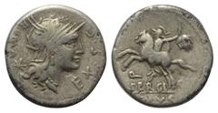Roman Republican M. Sergius Silus. Denar (Silber). 116 - 115 v. Chr. Rom. Vs: ROMA EX S C. Kopf der Roma mit geflügeltem Greifenkopfhelm rechts, dahinter Wertzeichen. Rs: M SERGI / SILVS. Reiter mit S
