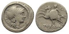 Roman Republican L. Manlius Torquatus. Denar (Silber). 113 - 112 v. Chr. Rom. Vs: ROMA. Kopf der Roma mit geflügeltem Greifenkopfhelm rechts, davor X; das Ganze in Torques. Rs: L TORQVA / Q EX S C. Re