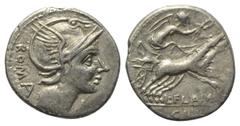 Roman Republican L. Flaminius Chilo. Denar (Silber). 109 oder 108 v. Chr. Rom. Vs: ROMA. Kopf der Roma mit geflügeltem Helm rechts, davor Wertzeichen. Rs: L FLAMINI / CILO. Victoria mit Kranz in galop