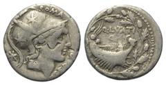 Roman Republican Q. Lutatius Cerco. Denar (Silber). 109 oder 108 v. Chr. Rom. Vs: ROMA / CERCO. Kopf der Roma mit federgeschmücktem Helm rechts, dahinter Wertzeichen. Rs: Q LVTATI. Galeere rechts, der