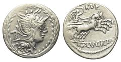 Roman Republican M. Lucilius Rufus. Denar (Silber). 101 v. Chr. Rom. Vs: Kopf der Roma mit geflügeltem Greifenkopfhelm rechts, dahinter PV; das Ganze in Lorbeerkranz. Rs: M LVCILI / RVF. Victoria in g