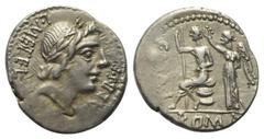 Roman Republican C. Poblicius Malleolus mit A. Postumius Albinus und L. Caecilius Metellus. Denar (Silber). 96 v. Chr. Rom. Vs: A ALB S F L METEL. Kopf des Apollo mit Lorbeerkranz rechts. Rs: C MALL /