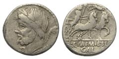 Roman Republican L. und C. Memmius Galeria. Denar (Silber). 87 v. Chr. Rom. Vs: EX S C. Kopf des Saturnus mit Lorbeerkranz links, dahinter Harpa; im Feld links Kontrollmarke. Rs: L C MEMIES L F / GAL.