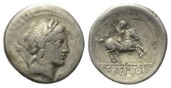 Roman Republican P. Crepusius. Denar (Silber). 82 v. Chr. Rom. Vs: Kopf des Apollo mit Lorbeerkranz rechts, über der Schulter Szepter; davor und dahinter Kontrollzeichen. Rs: P CREPVSI. Reiter mit Lan